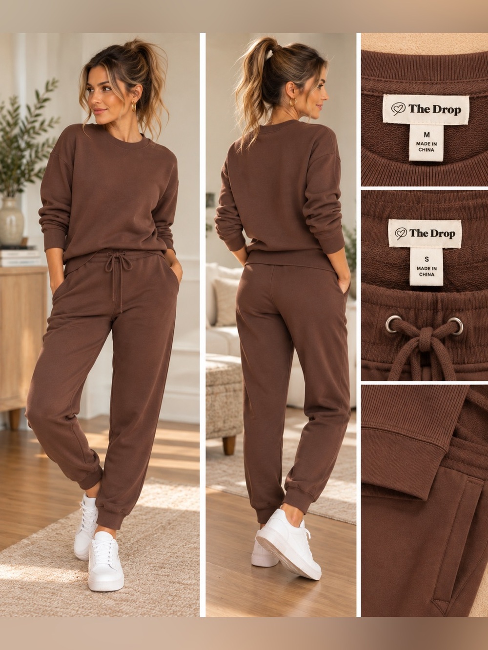 The Drop Chocolate Brown 2-Piece Sweatshirt & Jogger Set. Top S/ Pants M